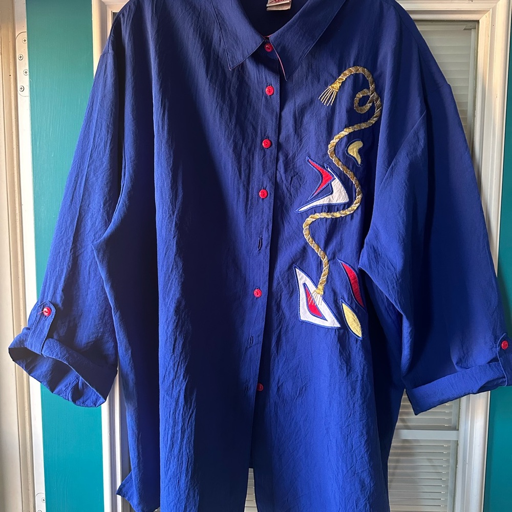 Blue Button-Up Shirt with Embroidered Design